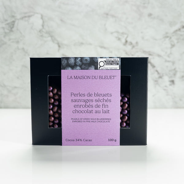 Perles de bleuets sauvages séchées enrobées de chocolat au lait