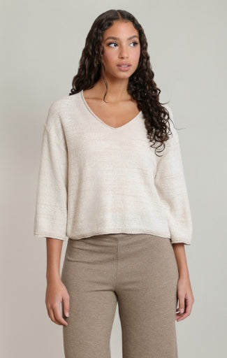 Haut en tricot à col en V Dex, coloris avoine clair, vêtement porté