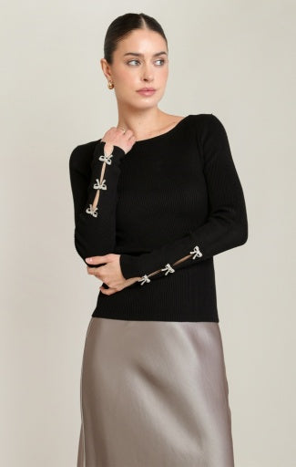 Haut en tricot à nœud orné de strass Dex, coloris noir, vêtement porté
