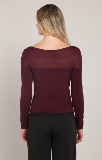 Haut transparent à encolure bateau Dex, coloris prune, vue de dos