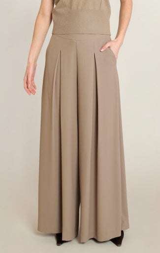 Pantalon plissé taille haute Dex, coloris champignon, vêtement porté