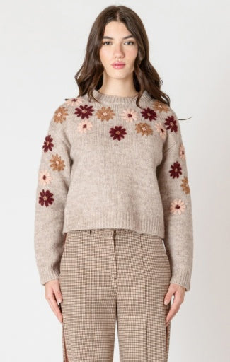 crew neck sweater with floral appliqués