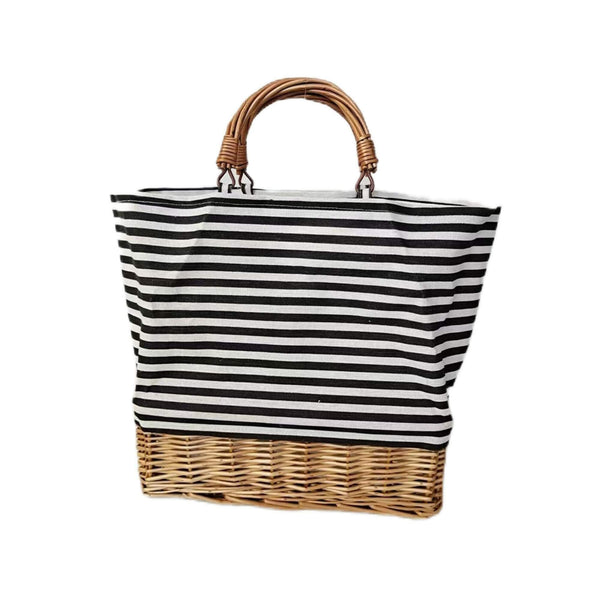 Sac isotherme - Tissu rayé et osier avec poignée en osier