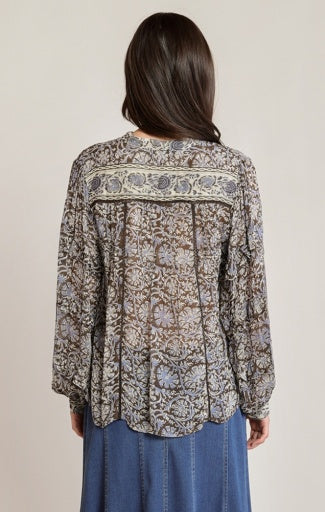 Blouse à imprimé orchidées Dex, coloris imprimé orchidées marron et bleu pâle, vue de dos