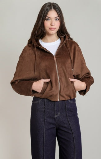 Blouson aviateur à capuchon en suédine Dex, coloris brun, vêtement porté