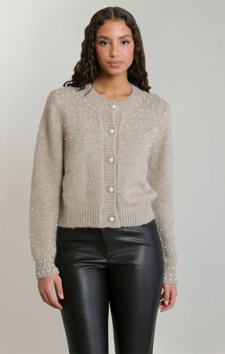 Cardigan à col rond orné Dex, coloris taupe clair chiné, vêtement porté