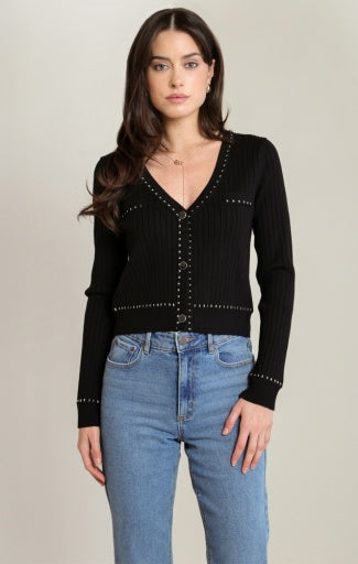 Cardigan à détails contrastants dorés Dex, coloris noir avec détails dorés, vêtement porté