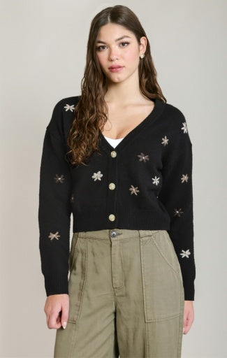 Cardigan à fleurs brodées Dex, coloris noir, vêtement porté