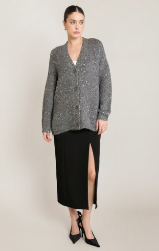 Cardigan en tricot à sequins Dex, coloris gris moyen, vêtement porté en tenue