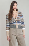 Cardigan rayé chiné Dex, coloris rayures écrues et marine, vêtement porté