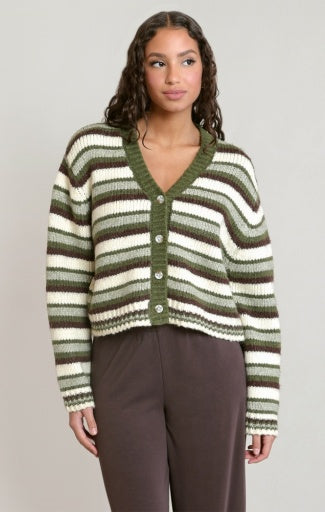 Cardigan rayé Dex, coloris rayures vertes, brunes et crème, vêtement porté