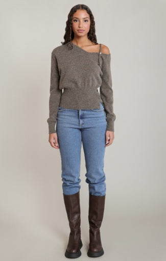Chandail à épaules dénudées Dex, coloris espresso, vêtement porté en tenue