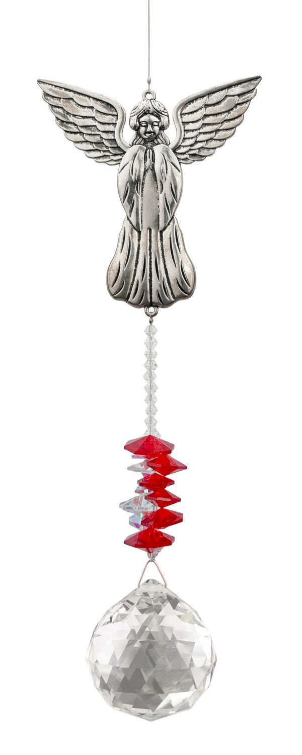 Attrape-soleil Ange Eternity Crystal : motif argenté représentant un ange aux ailes déployées, perles rouges et cristal transparent facetté.