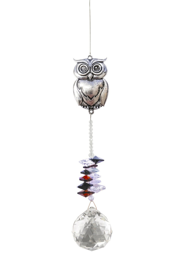 Attrape-soleil Hibou Eternity Crystal : motif argenté représentant un hibou, perles multicolores et cristal transparent facetté.