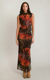 Haut en résille à motif floral Dex, coloris marron/orange floral, vêtement porté en tenue
