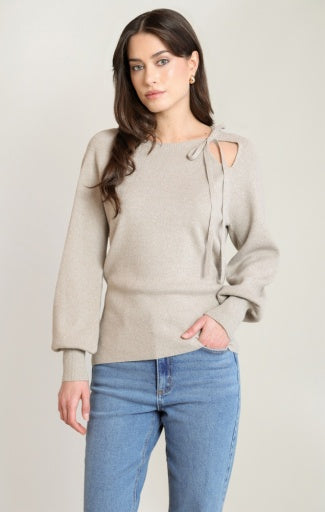 Haut en tricot à col noué Dex, coloris taupe pâle, vêtement porté