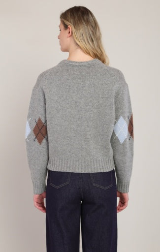 Haut en tricot à motif argyle Dex, coloris gris à losanges, vue de dos