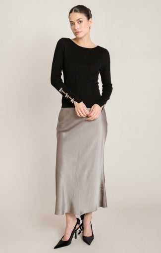 Haut en tricot à nœud orné de strass Dex, coloris noir, vêtement porté en tenue