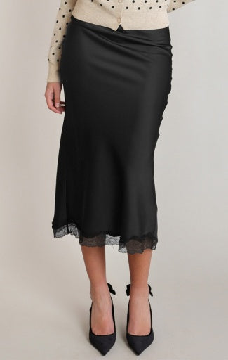 Jupe en satin et dentelle Dex, coloris noir, vêtement porté
