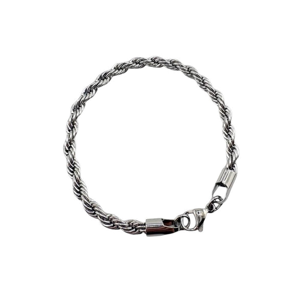 La Maison du Bleuet silver rope chain bracelet in 316L stainless steel with a secure clasp on a black background