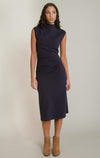 Robe midi à col montant Dex, coloris marine, vêtement porté