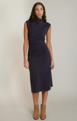 Robe midi à col montant Dex, coloris marine, vêtement porté
