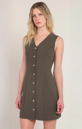 Robe mini boutonnée Dex, coloris olive foncé, vêtement porté