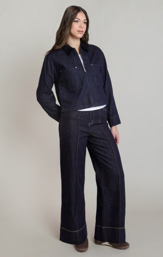 Veste en denim à col en velours côtelé Dex, coloris indigo, vêtement porté en tenue