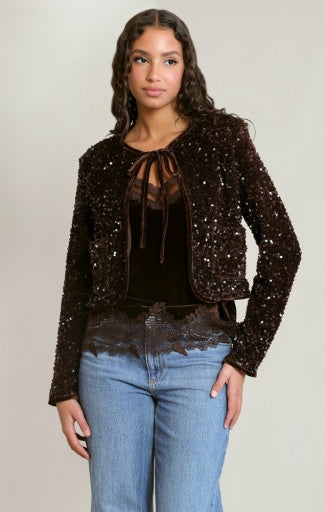 Veste en velours à sequins Dex, coloris chocolat, vêtement porté
