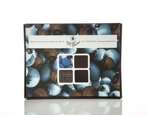 Boîte de bleuets seches au chocolat noir 58% de La Maison du Bleuet, 100g